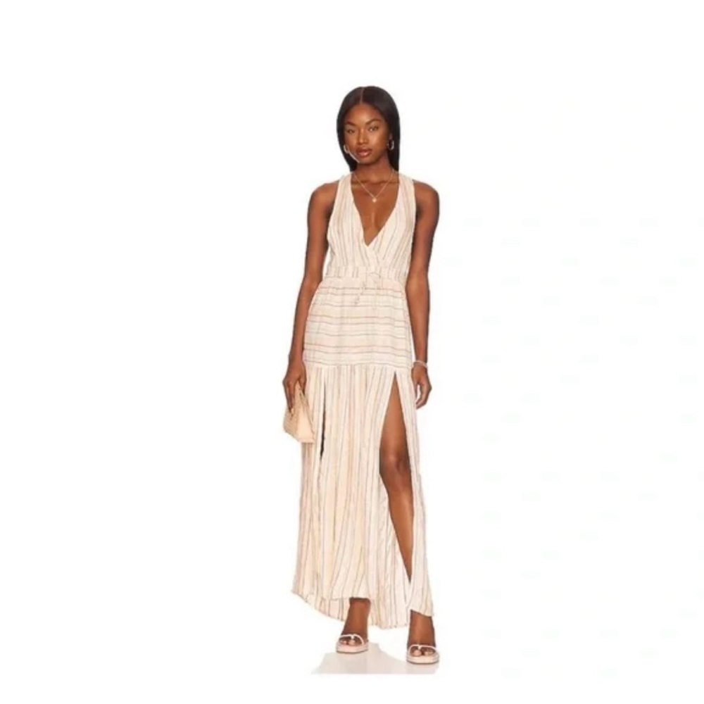 NWOT ✨ L*SPACE Striped Plunge Maxi Dress High Slit Neutral Size S